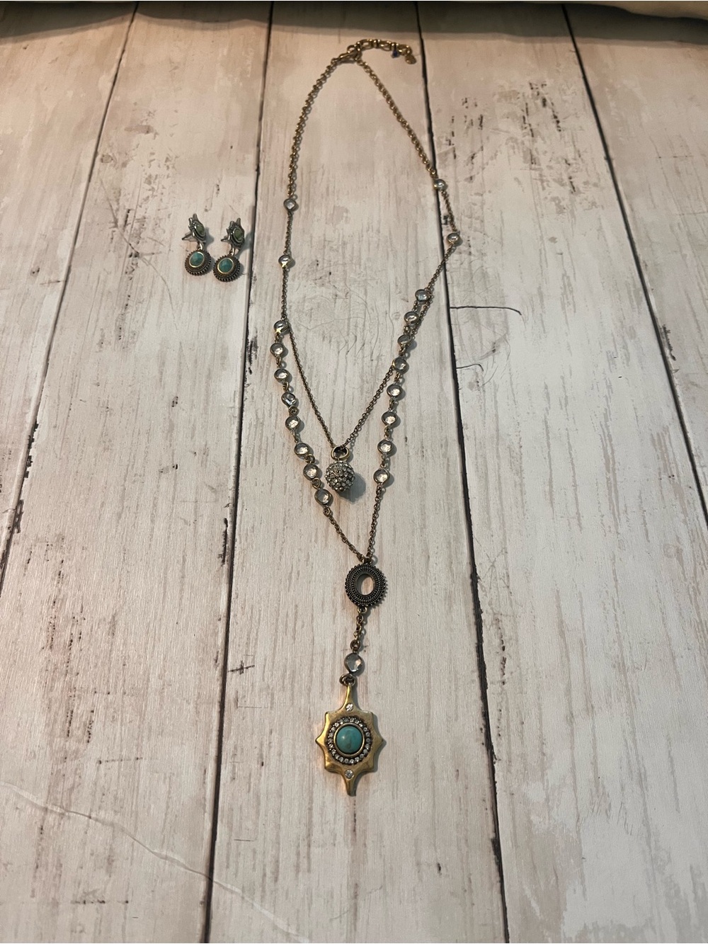 Lucky Brand Gold-Tone Layered Necklace with Turquoise Accents and matching